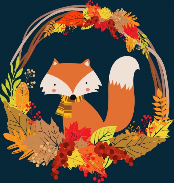 Fox latar belakang warna-warni daun dihiasi keranjang desain