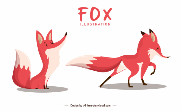 icônes de renard dessin animé colorés s’asseyant des gestes debout