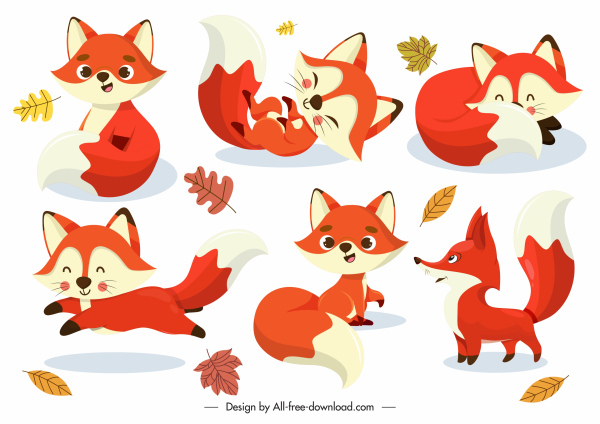 ícones da raposa gestos dinâmicos de desenho animado