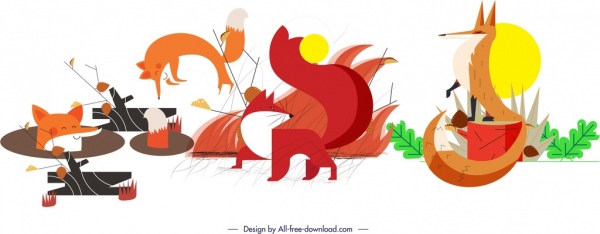 Fox icons imposta schizzo colorato cartone animato