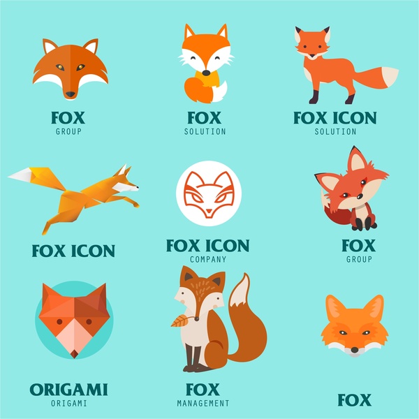 ilustração de ícones do logotipo em vários estilos de raposa