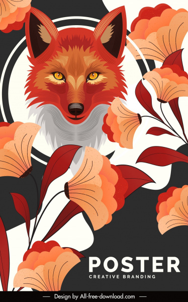 plantilla de póster de zorro naranja decoración ornamento floral