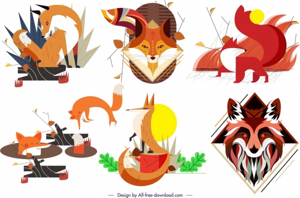 Fox Wild Animal ícones coleção colorida design clássico