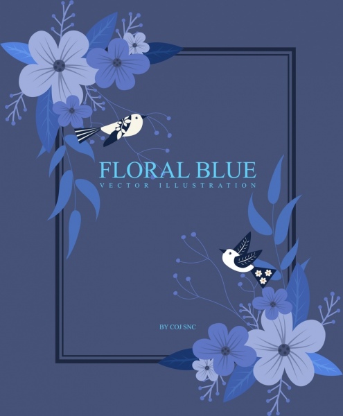 çerçeve şablonu mavi çiçekler kuş simgeler dekor