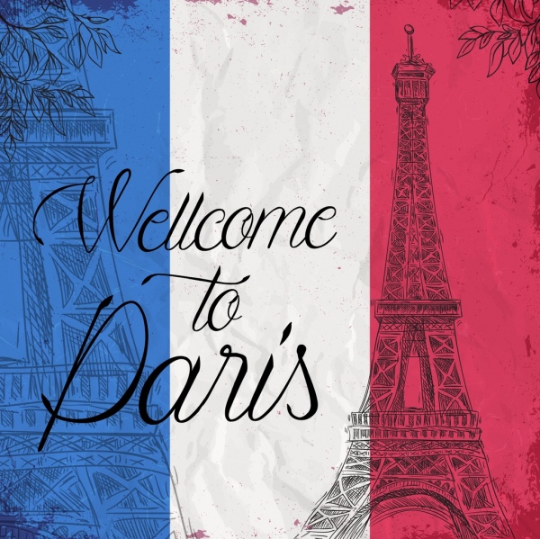 bandiera Francia annuncio colore schizzo disegnato a mano di eiffel icona
