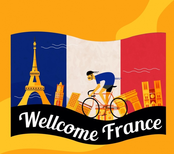 Frankreich Werbung Hintergrund Flagge Radfahrer Wahrzeichen Symbole Dekor