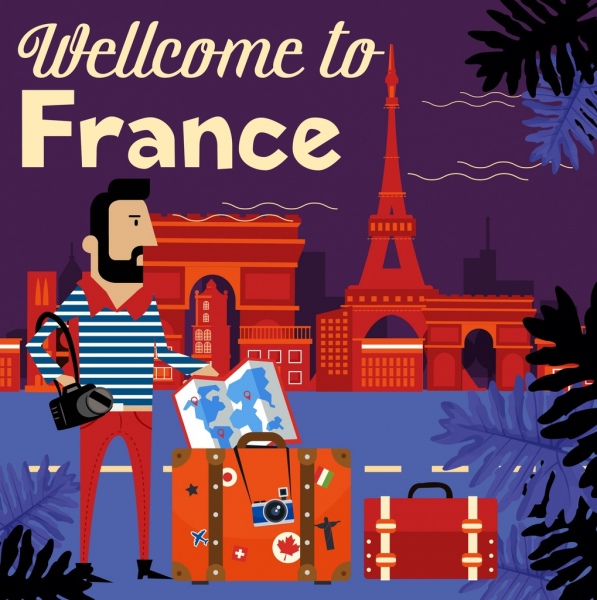 Frankreich Werbebanner touristisches Gepäck Wahrzeichen Symbole