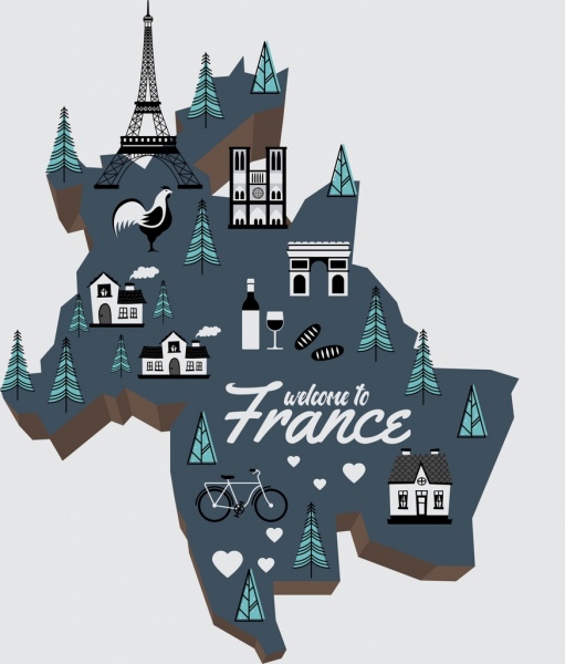 decorazione di simboli specifici di Francia sfondo mappa