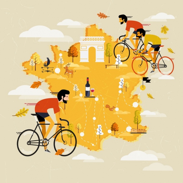 ciclisti di Francia in bicicletta torneo banner mappa simboli arredamento