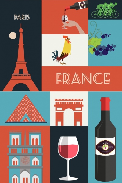 Frankreich-Design-Elemente farbig flache Symbole