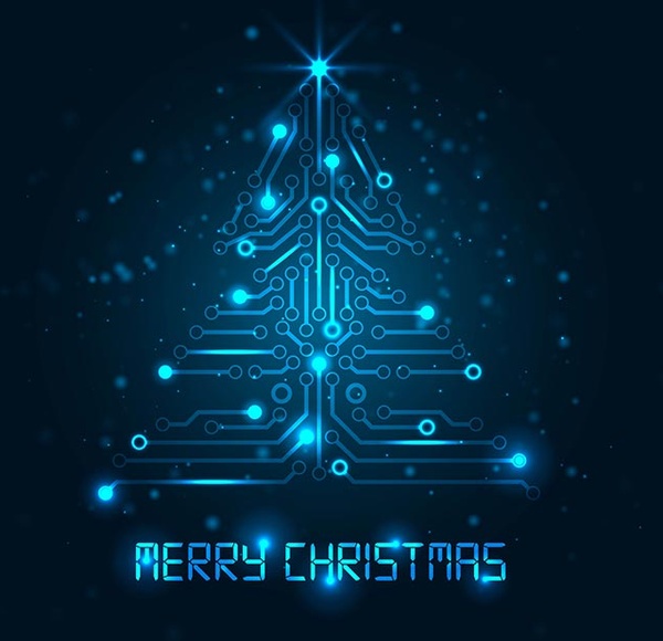 ฟรีเวกเตอร์นามธรรมสีฟ้าเรืองแสงเทคโนโลยีต้นคริสต์มาส