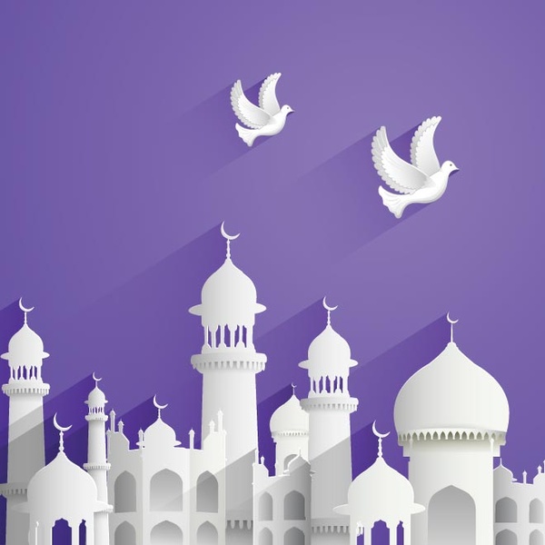 vetor livre linda Mesquita de cartão com pássaros voando cartão de celebração do eid