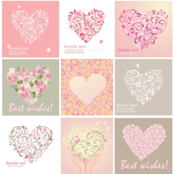 Бесплатные Векторные красивые цветочные искусства сердце форму поздравительных открыток набор