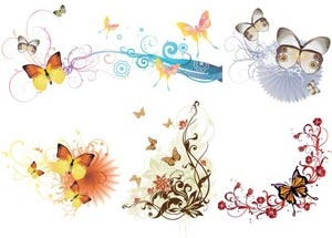 自由向量蝴蝶飞行在花卉艺术抽象集合