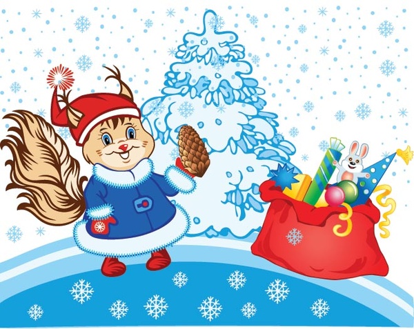 kostenlose Vektor cartoon Santa Eichhörnchen mit Geschenk