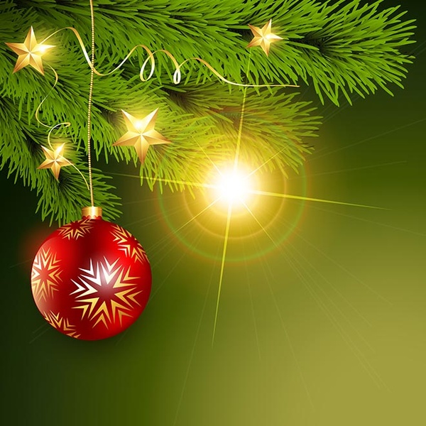kostenlose Vektor-Weihnachtskugel hängen im Baum Tanne Grußkartenvorlage
