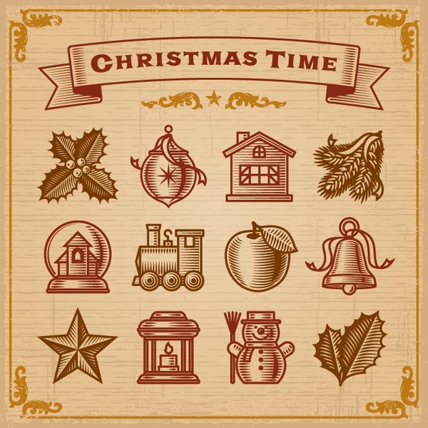 vetor livre Natal decoração vintage ícone definido