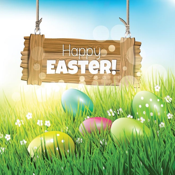 vettore libero uovo variopinto su erba con il bordo di legno felice Pasqua