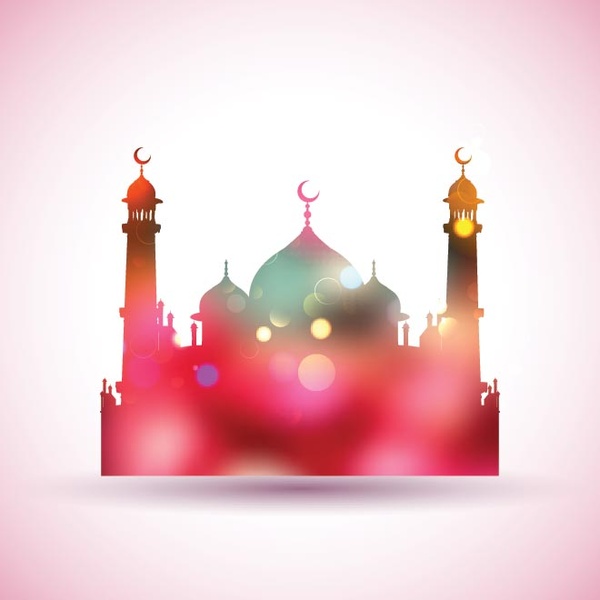 vektor gratis warna-warni bersinar Masjid kartu ucapan hari Raya pada latar belakang merah muda