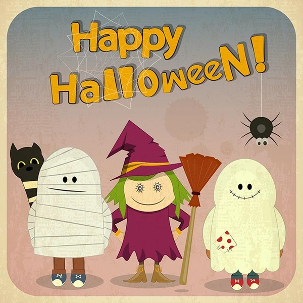 Kostenlose Vektor niedliche Mädchen Hexe mit Skelett happy Halloween Retro-poster