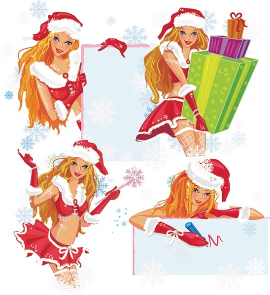 Free Vector Cute Set Of Santa Girl Christmas Gift And Banner