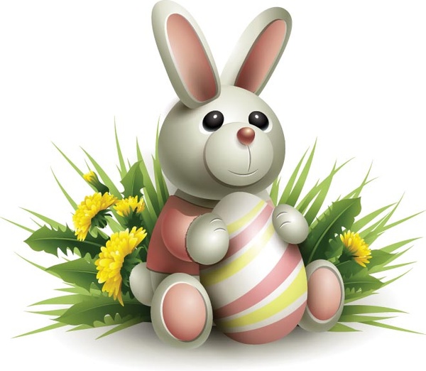 自由向量可爱的3d 复活节兔子与鸡蛋在草地上