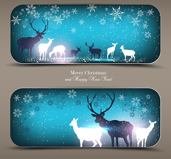 Free Vector Deers On Elegant Blue Christmas Banners
