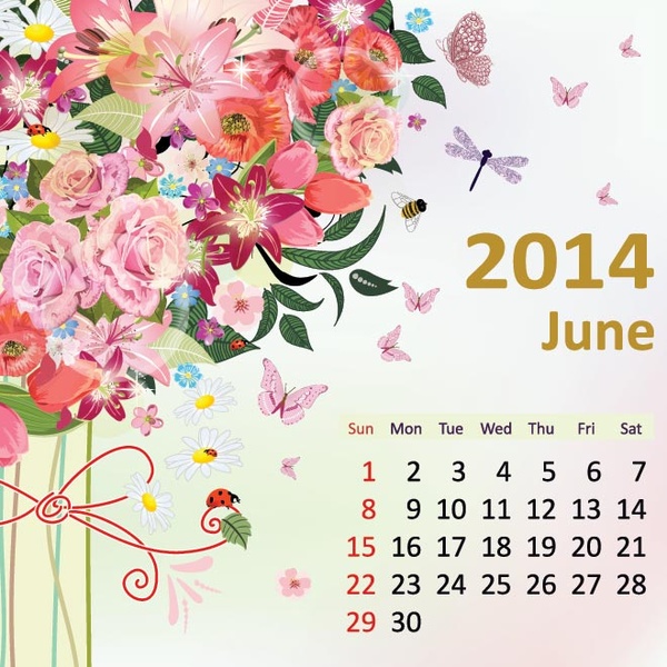 Бесплатный векторный цветок бранч границы june14 календарь шаблон