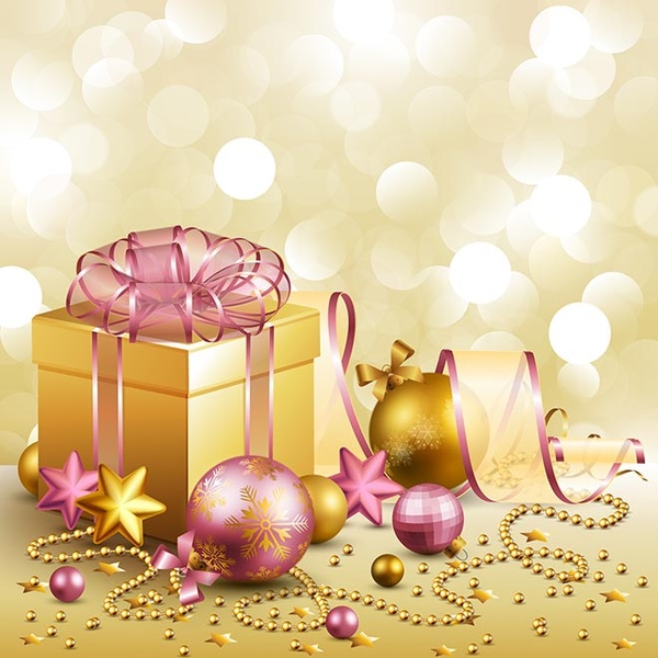 kostenlose Vektor Geschenk Box und Xmas-Ball mit rosa Schleife leuchtenden Hintergrund