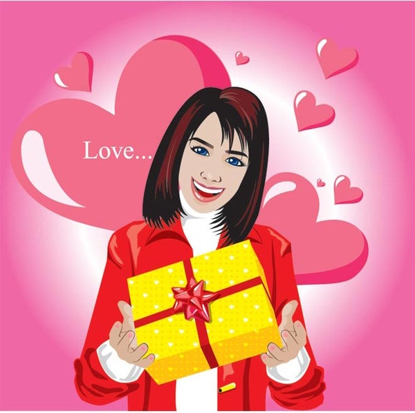Kostenlose Vektor-Mädchen halten Valentine Tag gelb Geschenkbox