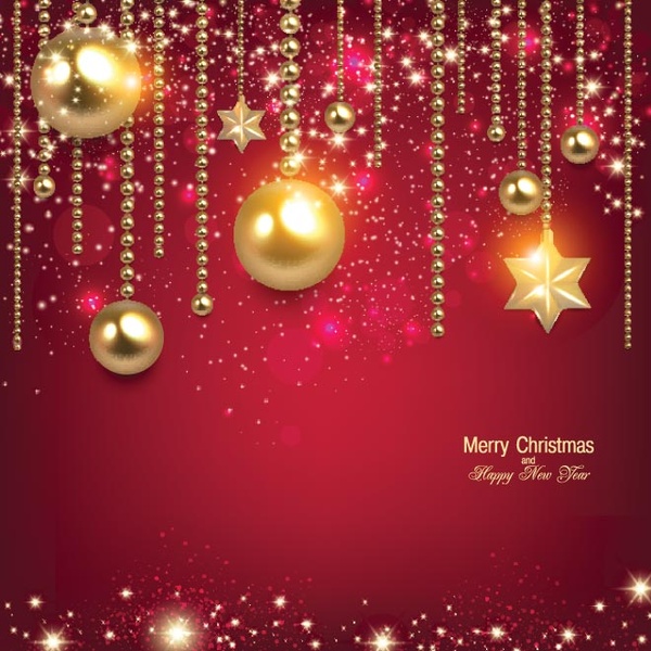 Free Vector Glowing Christmas Balls Hanging On Red Elegant Invitation Card
