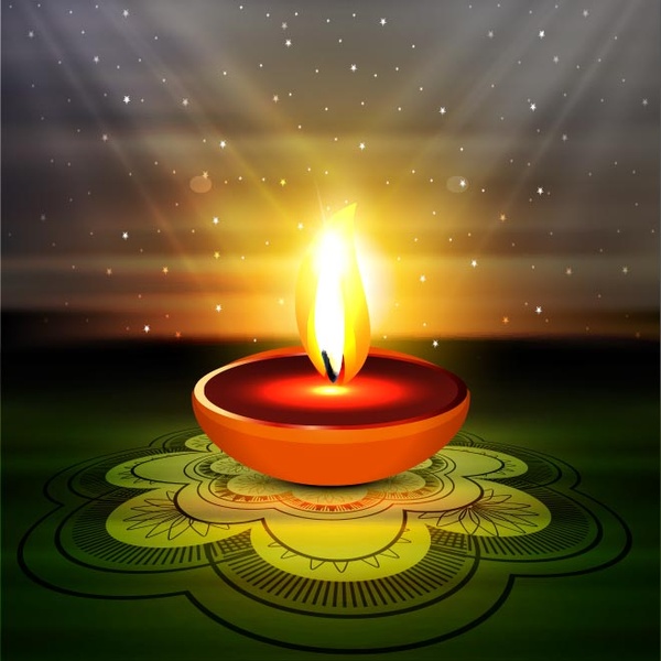 自由向量發光 diya 在傳統的亞洲印度教模式背景排燈節卡