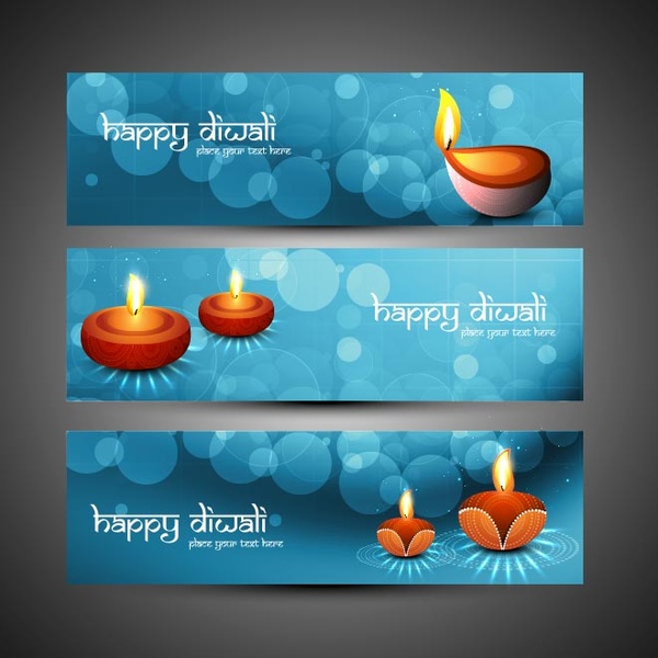 kostenlose Vektor happy Diwali blau leuchtende Banner-set