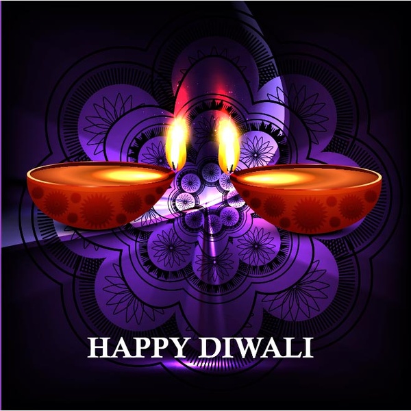 自由向量快樂 diwali diya 發光在紫色花卉藝術圖案設計