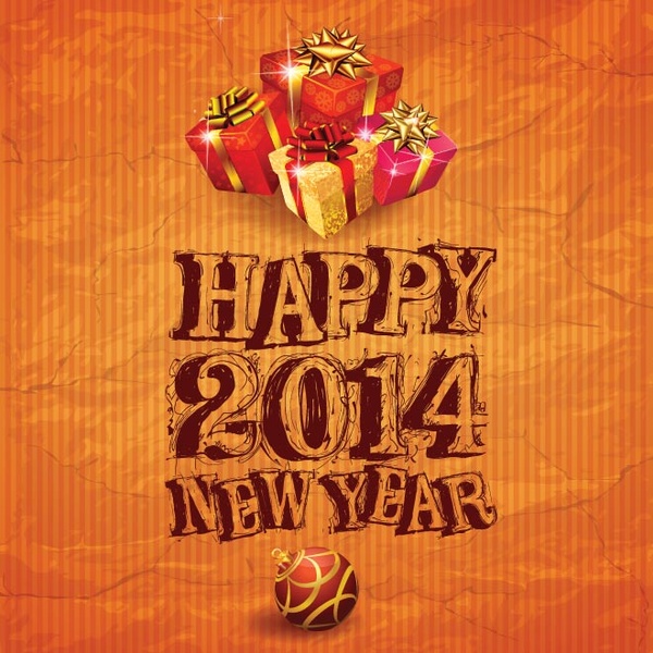 Bedava vektör mutlu yeni yıl tipografi turuncu kağıt üzerinde Noel hediye ile
