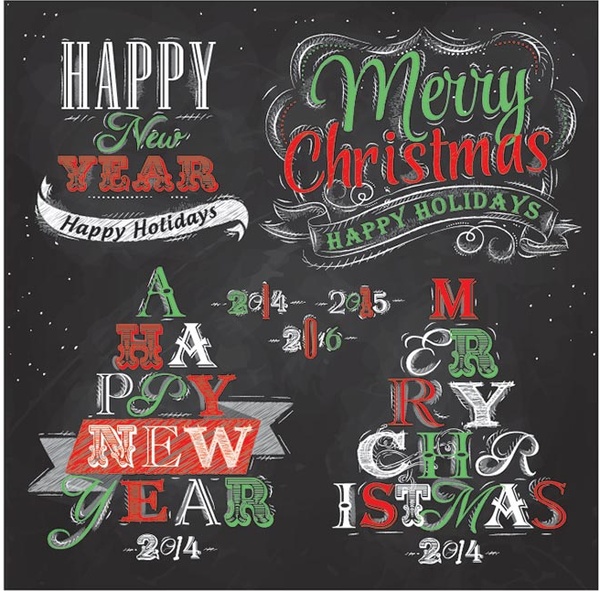 無料のベクター メリー クリスマスと新年黒板タイポグラフィ ロゴ