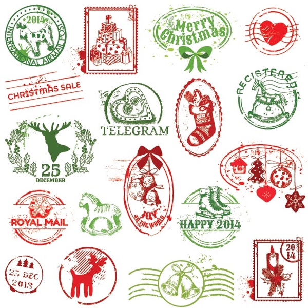 Free Vector Merry Christmas Postage Stamps Set