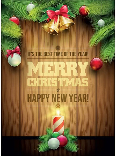 無料のベクター メリー クリスマス木製の背景への招待カード