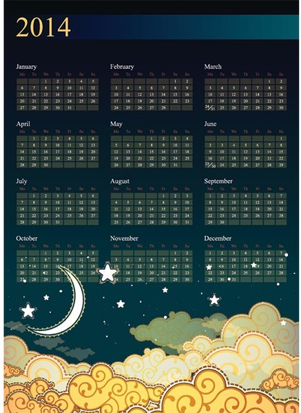 vektor gratis malam theme14 kalender template