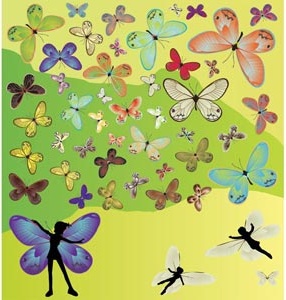 kostenlose Vektor der schöne Silhouette Fee mit Schmetterling set