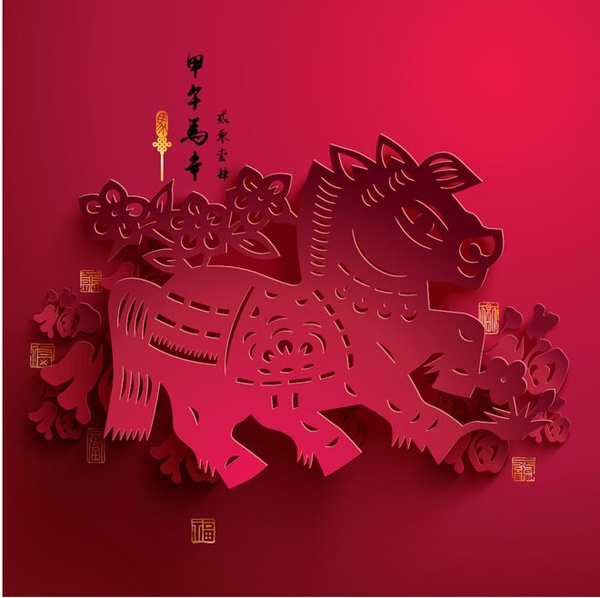 เวกเตอร์ฟรีกระดาษตัดแม่ปีใหม่จีนแดงม้าสีแดง