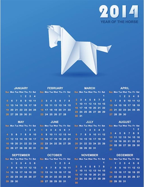Kostenlose Vektor Papier Pferd blue14 Kalendervorlage