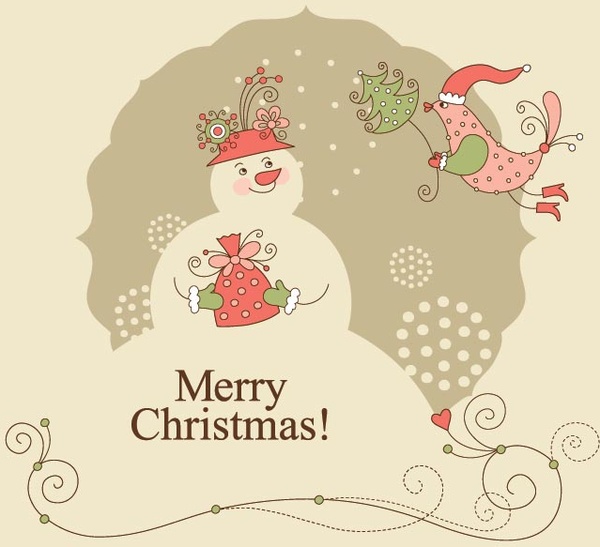 Bedava vektör kırmızı santa kuş ile kardan adam neşeli Noel tebrik kartı