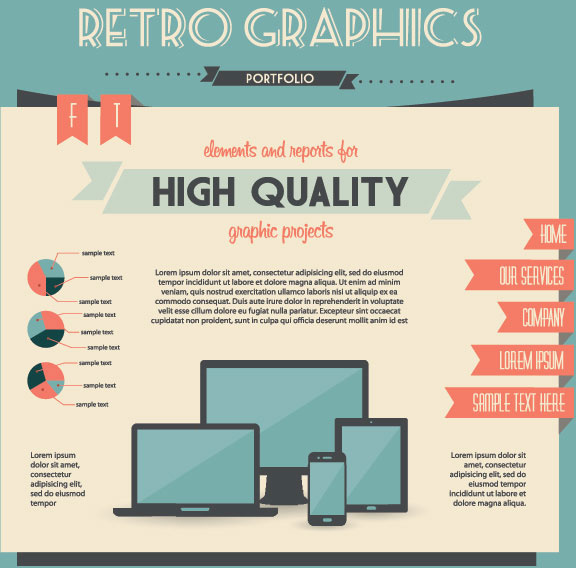 kostenlose Vektor Retro-Portfolio Website Infografik Design-Elemente