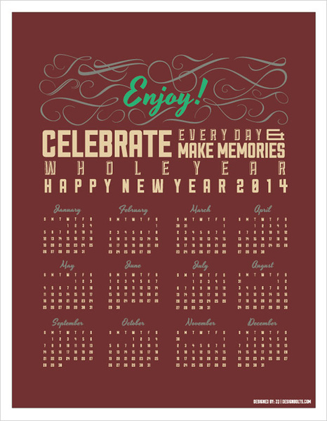 無料ベクトル レトロ印刷可能なカレンダー 2014