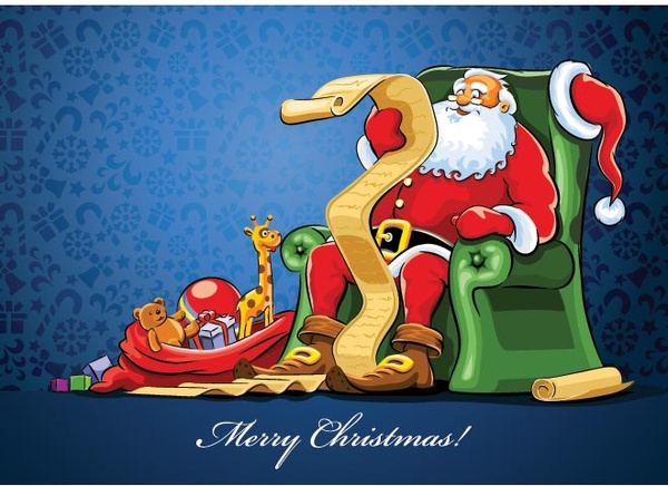 Free Vector Santa Claus Reading Gift List Blue Xmas Pattern Background