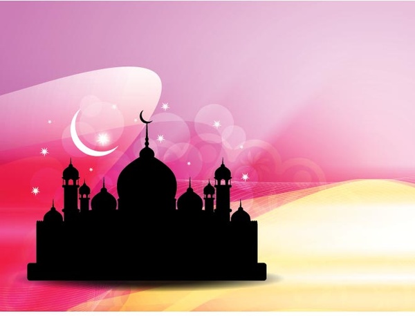 自由向量剪影清真寺與 eid 月亮在粉紅色抽象背景