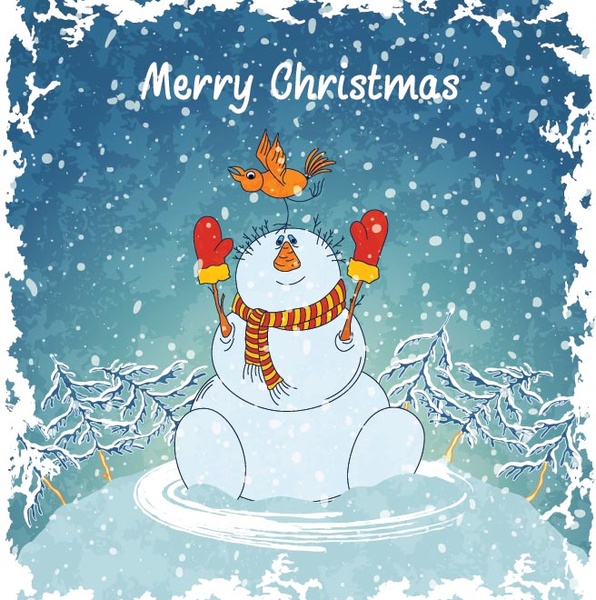 Бесплатные Векторные снег человек Винтаж Веселый Рождество открытка