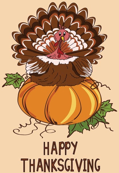 wektor swobodny Turcja ptak siedzący na dyni happy thanksgiving karty