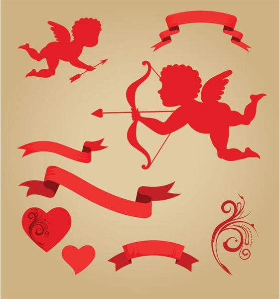 Free Vector Valentine Angle Cupids With Ribbon And Decorated Elements